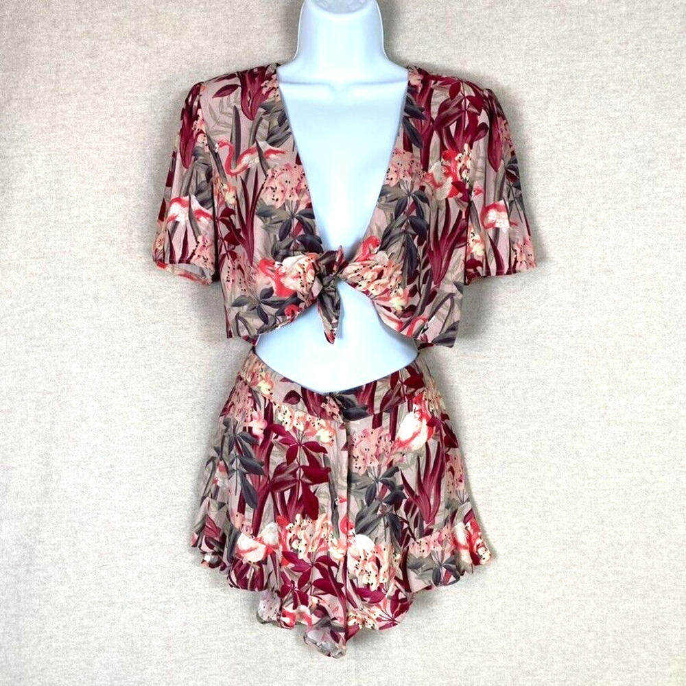 Zara‎ Womens Crop Top & Shorts Set Size XS Floral Flamingo Blogger Favorite Boho